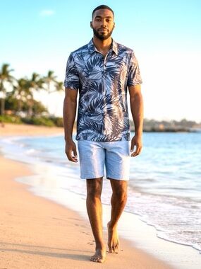 TravisMathew Forest Reserve Golf Polo Mens Large Blue Palm Print Shirt